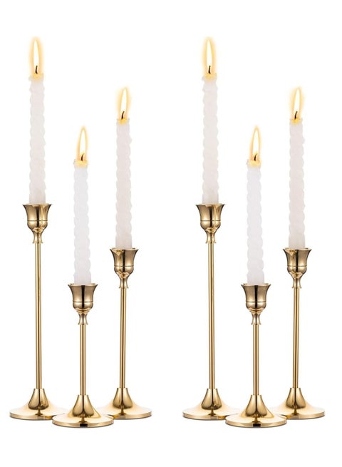 6 قطع من حوامل الشموع، حوامل شموع معدنية مستدقة، شمعدان مزخرف عتيق، حامل شمعدان ذهبي بثلاثة أحجام، حوامل لحفلات الزفاف على رف الطاولة، لديكور المنزل، الزفاف، الطعام، الحفلات