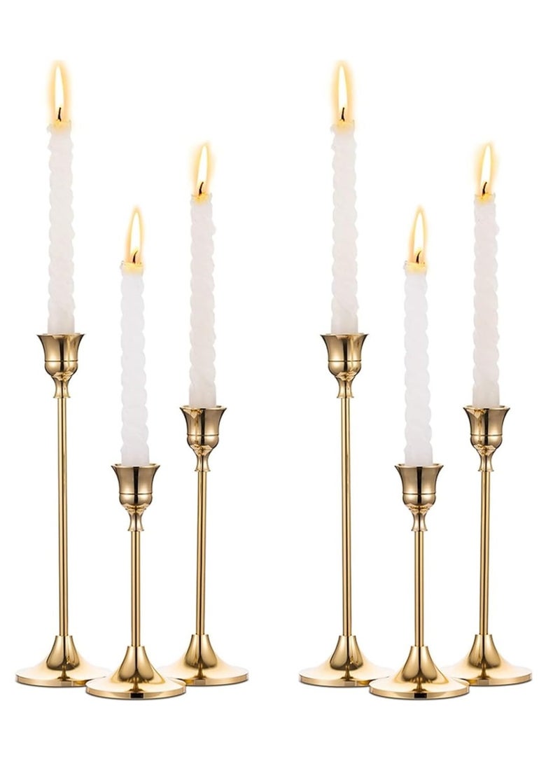 XiuWoo 6PCS Candlestick Holders, Metal Taper Candle Holders, Vintage Decorative Candlestick, Three Sizes Gold Candlestick Holder, Holders for Table Mantel Wedding, for Home Decor, Wedding,Dinning, Party  - Image 1