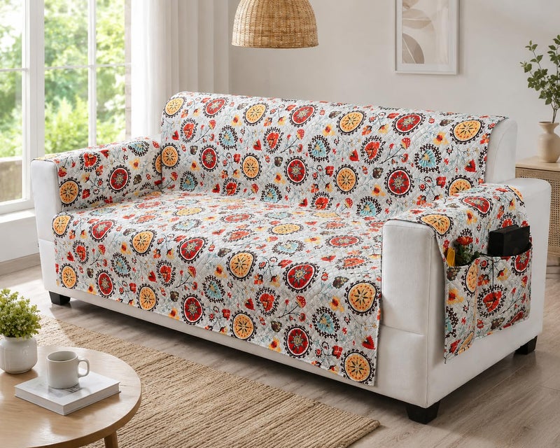 AMAZE ATTIRES Fully Covered Quilted 3 Seater Sofa Cover with Arm Covers & Pockets – Non-Slip, Waterproof, Pet-Friendly, Machine Washable Couch Protector (170x184 cm) Red Floral - Image 1