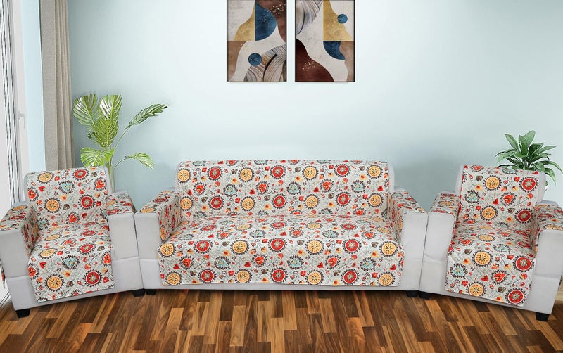 AMAZE ATTIRES Fully Covered Quilted 3 Seater Sofa Cover with Arm Covers & Pockets – Non-Slip, Waterproof, Pet-Friendly, Machine Washable Couch Protector (170x184 cm) Red Floral - Image 4