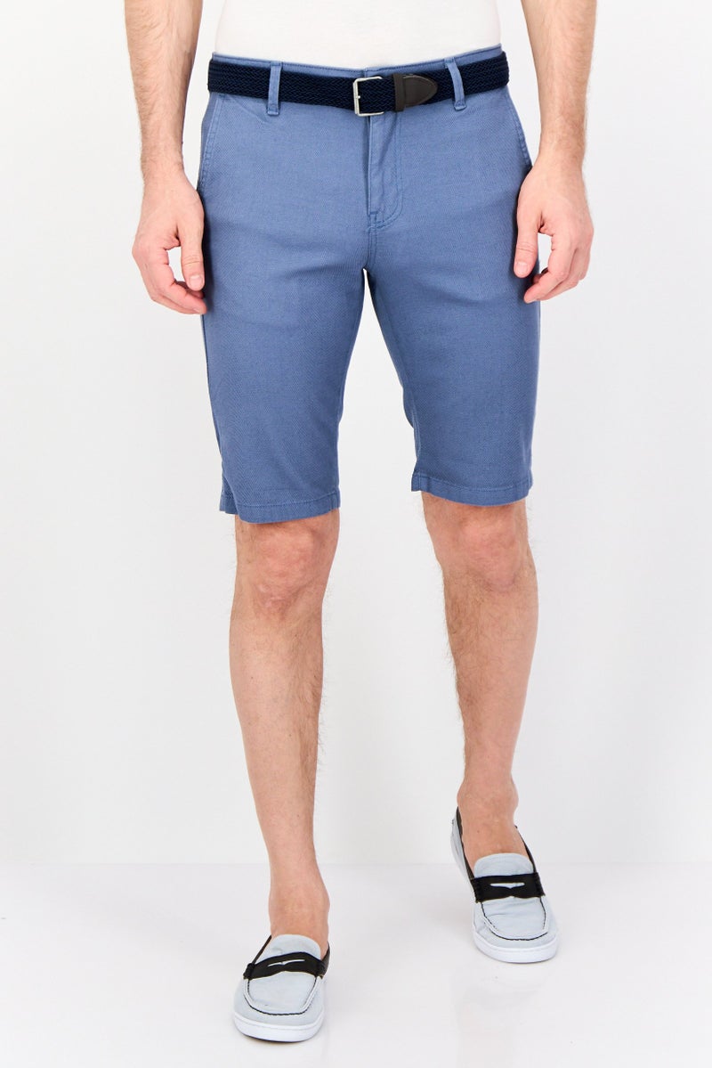 DeFacto Men Plain Belted Shorts, Blue - Image 1