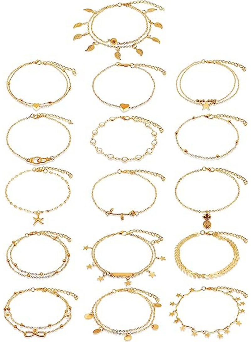 KASTWAVE Anklets, Boho Ankle Bracelets Beach Anklets Foot Chains Adjustable Foot Hand Jewelry for Women Girls 16 Pieces - Image 1