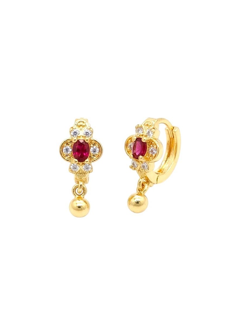 A delicate gold-plated hoop featuring a crimson red centerpiece, surrounded by the sparkle of dazzling white zircon stones. The allure is completed with a small spherical pendant. - Image 3