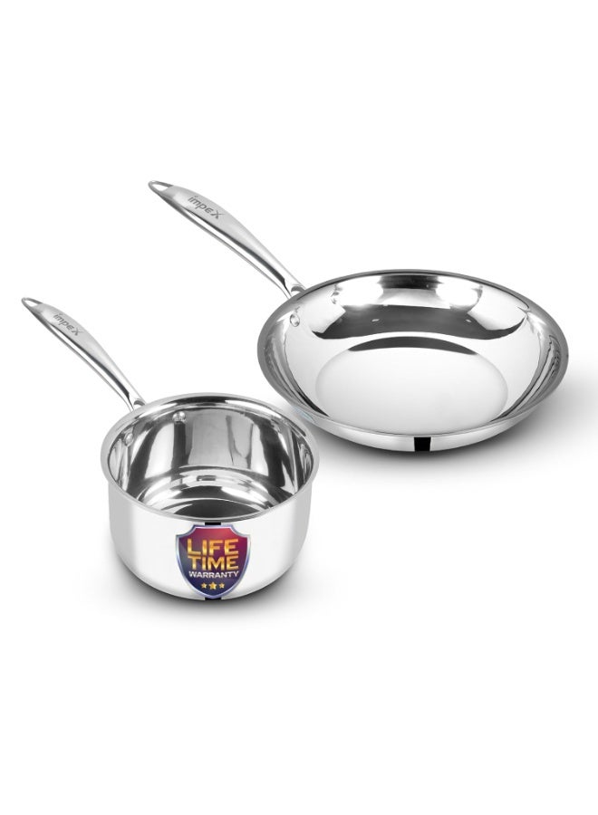 Impex Serene Triply Cookware | 304 Grade Stainless Steel | No PFOA Coating | lnduction Friendly Cookware, Silver (Frypan 24cm + Milkpan 16cm) - Image 1