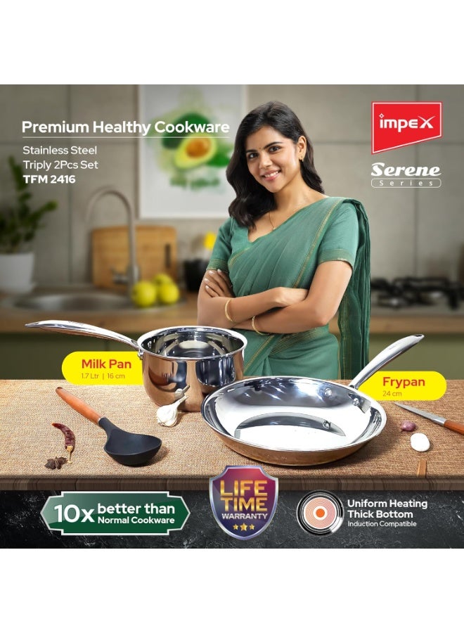 Impex Serene Triply Cookware | 304 Grade Stainless Steel | No PFOA Coating | lnduction Friendly Cookware, Silver (Frypan 24cm + Milkpan 16cm) - Image 3