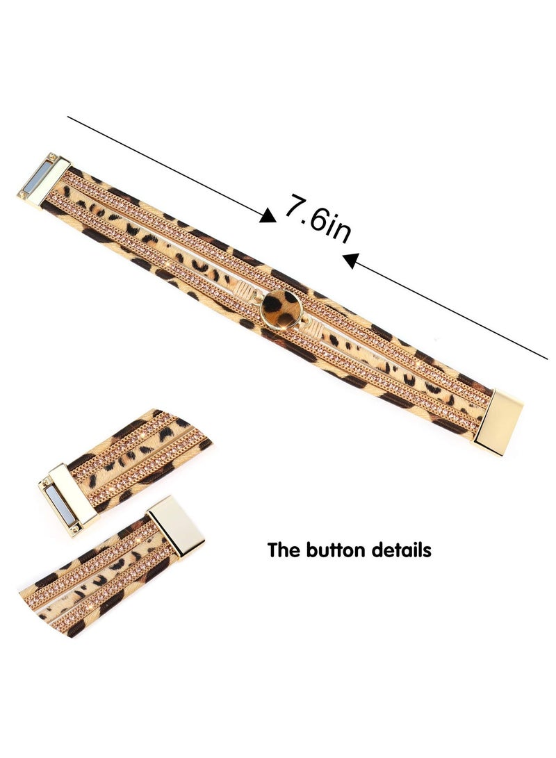 Excefore Leather Wrap Bracelet Set,  2 Pieces Wrist Cuff Bracelet, Multilayer Leather Bracelet for Women Girls Multilayer Magnetic Clasp Bracelet Bead, Crystal Bracelet - Image 3