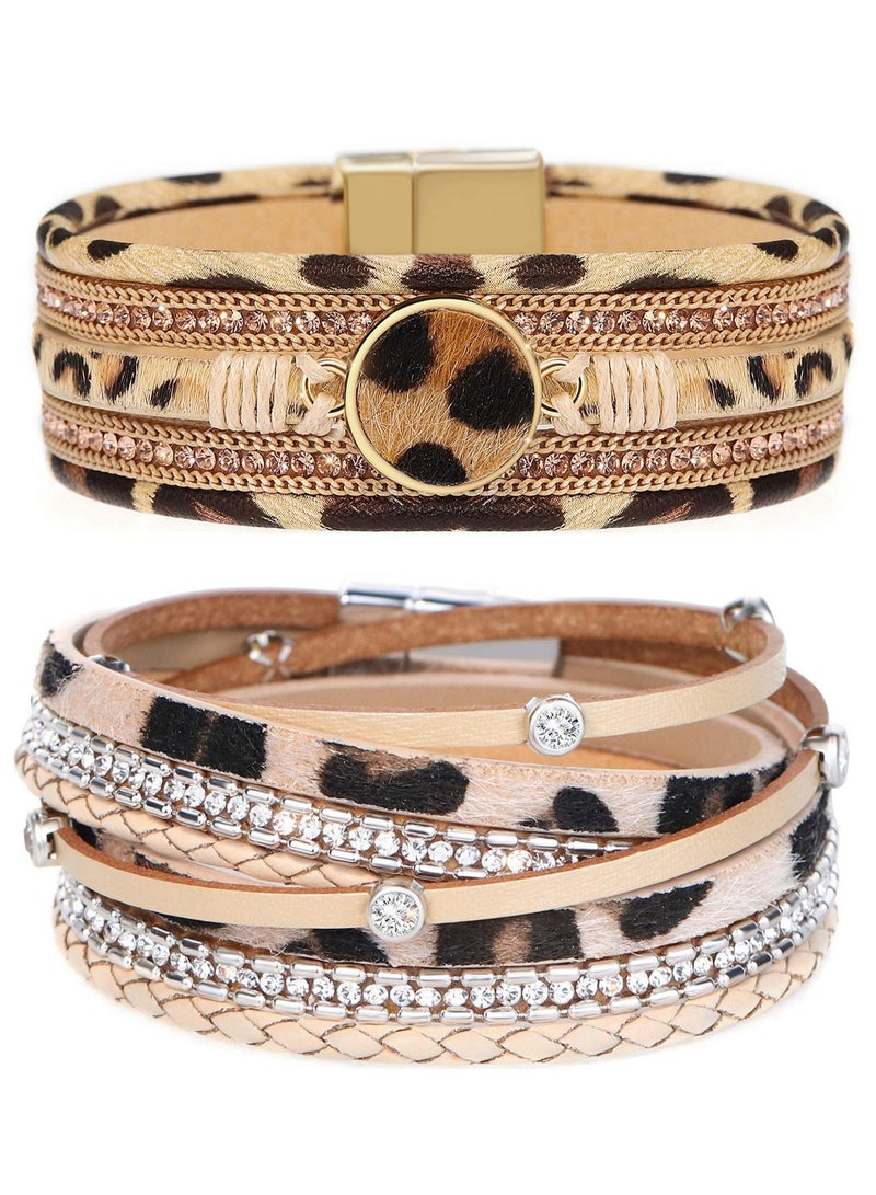 Excefore Leather Wrap Bracelet Set,  2 Pieces Wrist Cuff Bracelet, Multilayer Leather Bracelet for Women Girls Multilayer Magnetic Clasp Bracelet Bead, Crystal Bracelet - Image 2