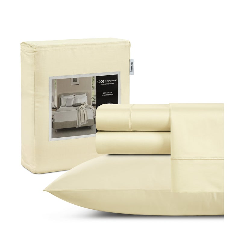 CHATEAU HOME COLLECT 100% Cotton Sheets California King Size  Ultrasoft 1000 Thread Count Luxury Hotel Sheets Set  Deep Pocket Calking Sheet & Pillowcase Sets  Special Sateen Weave Bed Sheets - Ivory  - Image 1