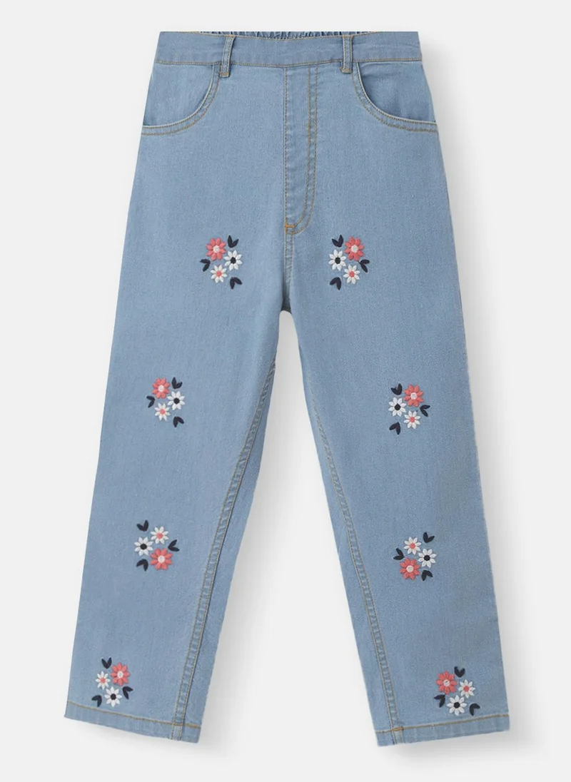 Nautinati Nautinati Girls' Embroidered Flowers Elasticated Waistband Cotton Denim Jeans
