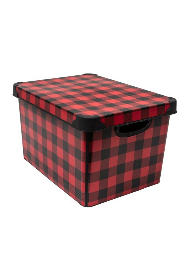 Simplify Checkered Design Storage Bin | Christmas Tote | Holiday Décor Decorations Organizer | Buffalo Plaid Design | Lidded | Stackable | Black and Red - Image 1