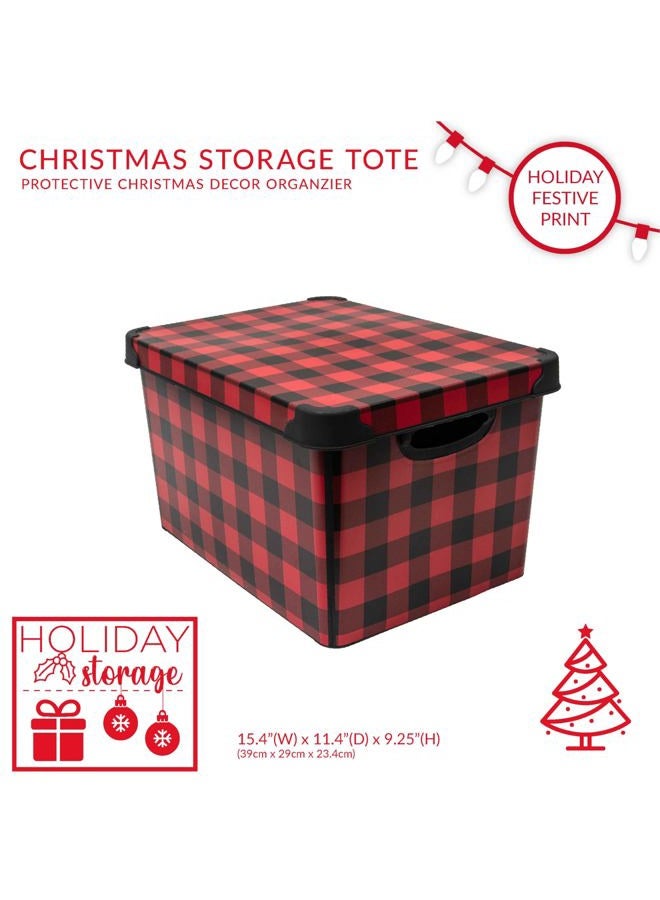 Simplify Checkered Design Storage Bin | Christmas Tote | Holiday Décor Decorations Organizer | Buffalo Plaid Design | Lidded | Stackable | Black and Red - Image 2