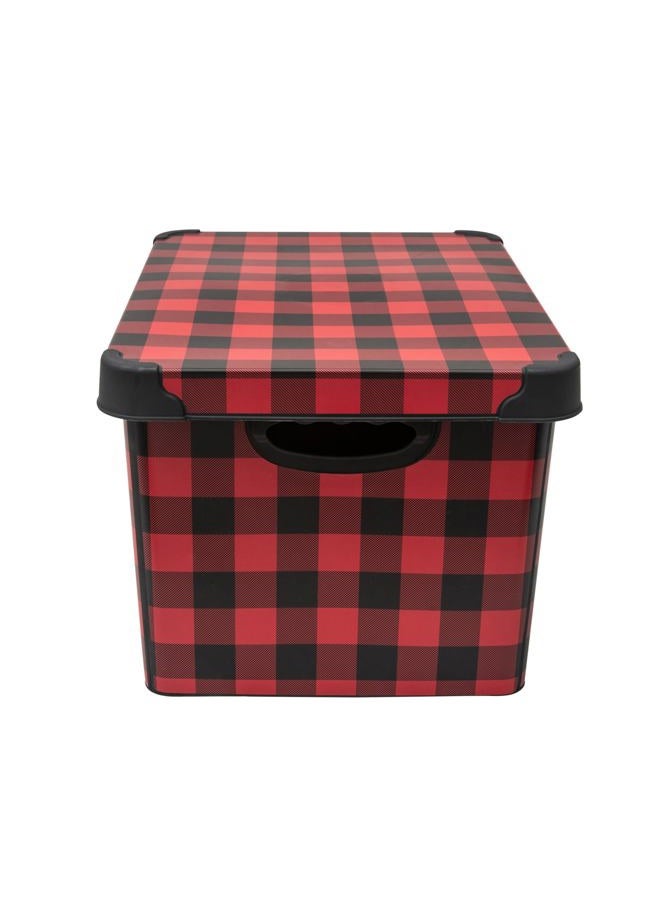 Simplify Checkered Design Storage Bin | Christmas Tote | Holiday Décor Decorations Organizer | Buffalo Plaid Design | Lidded | Stackable | Black and Red - Image 5