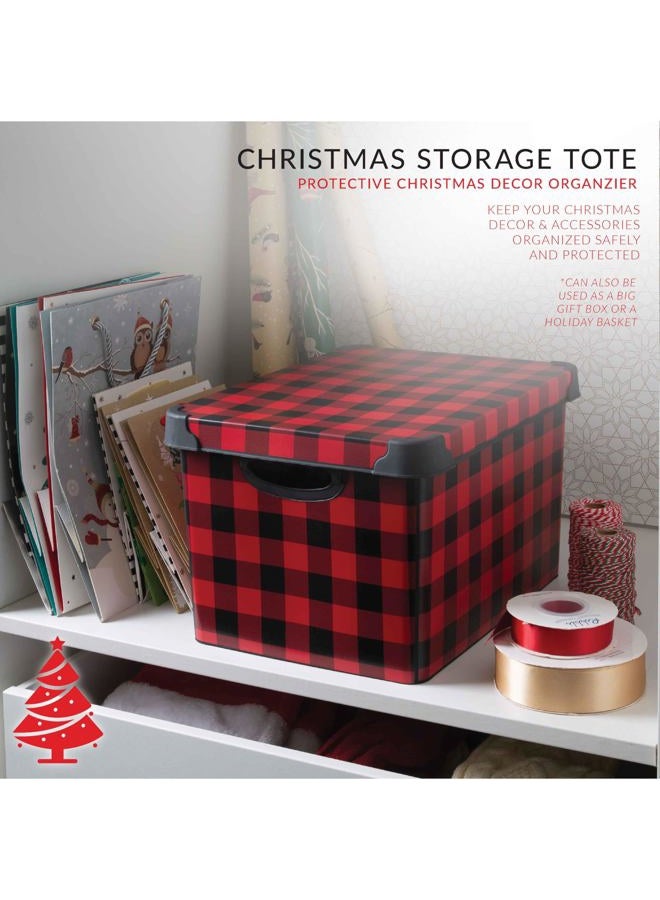 Simplify Checkered Design Storage Bin | Christmas Tote | Holiday Décor Decorations Organizer | Buffalo Plaid Design | Lidded | Stackable | Black and Red - Image 4
