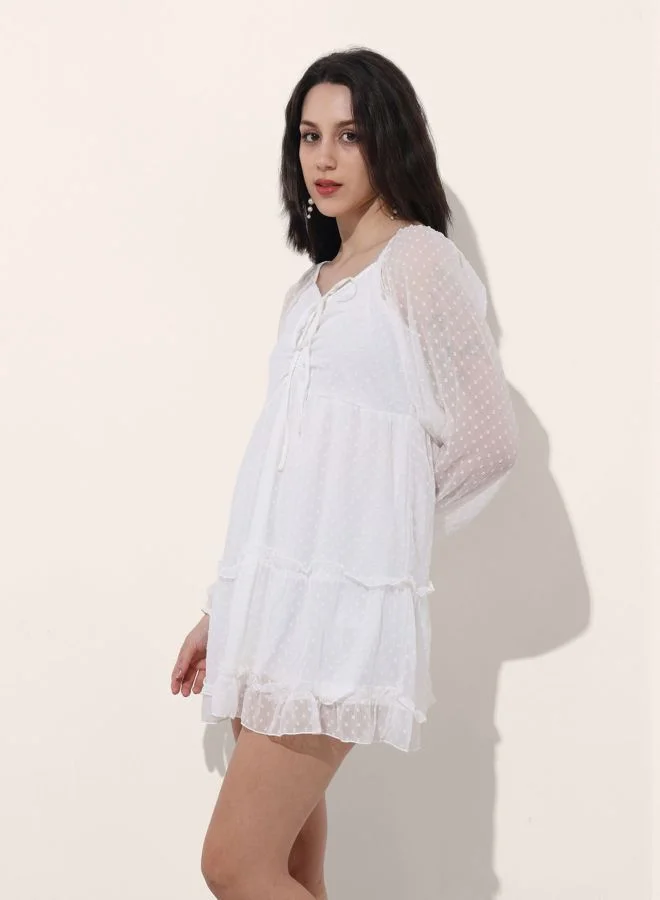 Freehand  Women Fit and Flared Textured Sweetheart Neck Long Sleeve Tiered Dress for Women | Best Price UAE