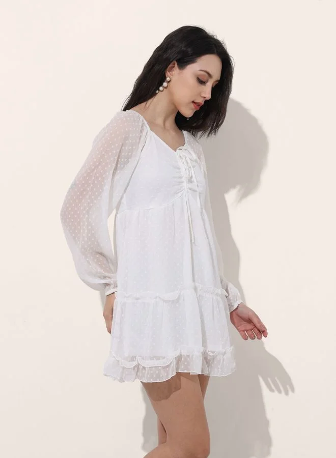 Freehand  Women Fit and Flared Textured Sweetheart Neck Long Sleeve Tiered Dress for Women | Best Price UAE