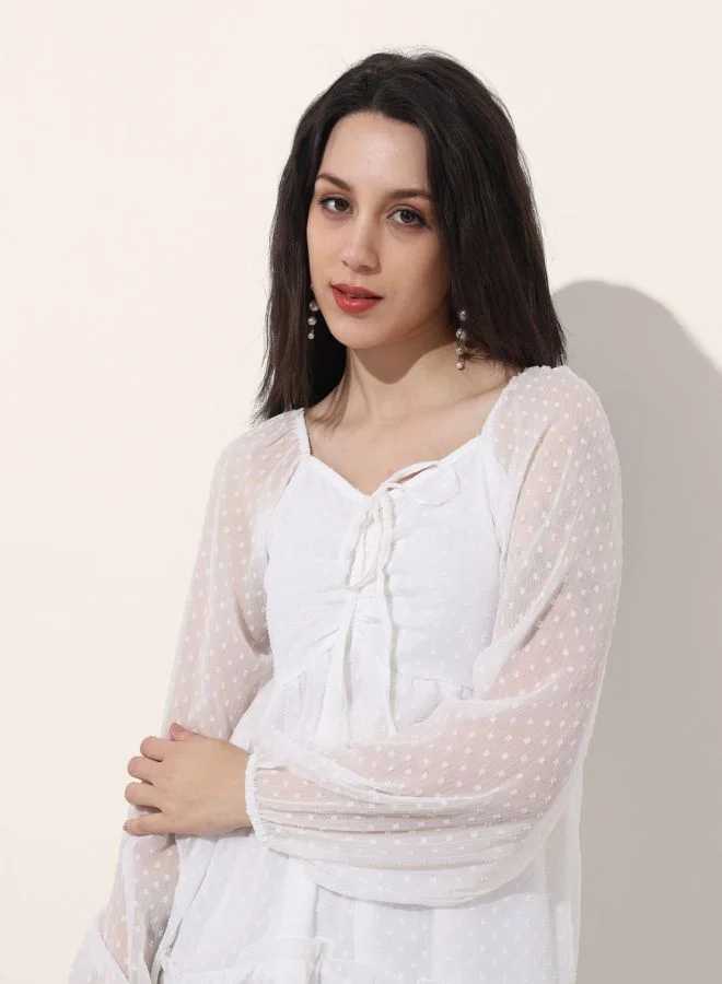 Freehand  Women Fit and Flared Textured Sweetheart Neck Long Sleeve Tiered Dress for Women | Best Price UAE