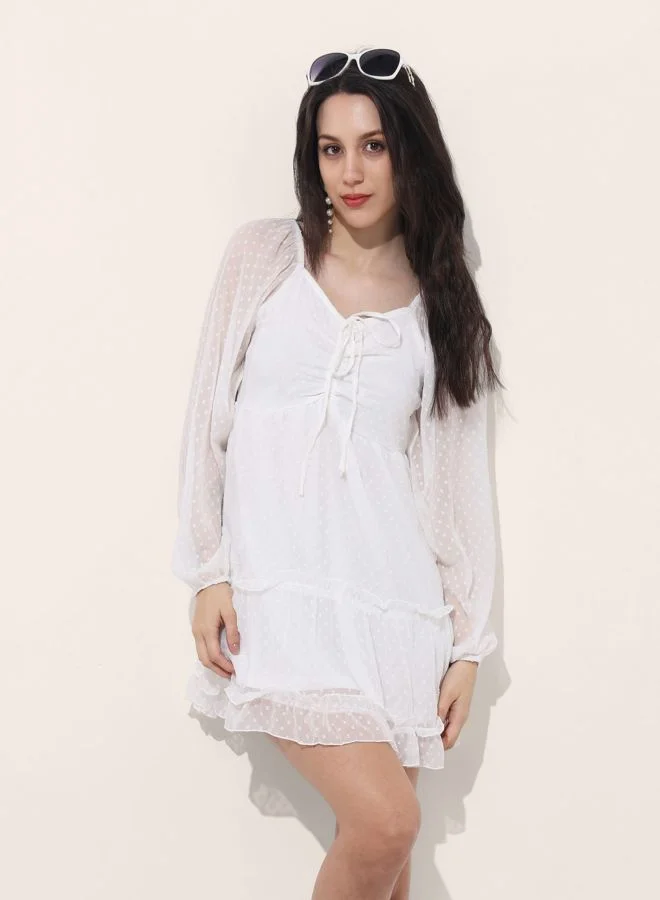 Women Fit and Flared Textured Sweetheart Neck Long Sleeve Tiered Dress