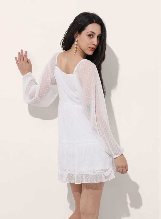 Freehand  Women Fit and Flared Textured Sweetheart Neck Long Sleeve Tiered Dress for Women | Best Price UAE