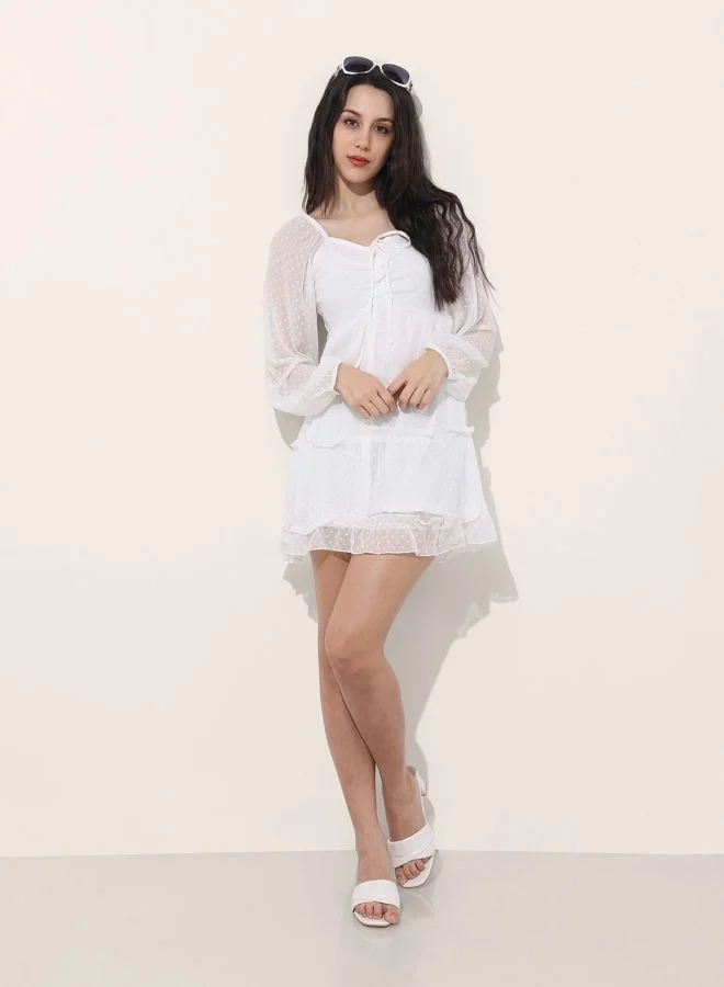 Freehand  Women Fit and Flared Textured Sweetheart Neck Long Sleeve Tiered Dress for Women | Best Price UAE