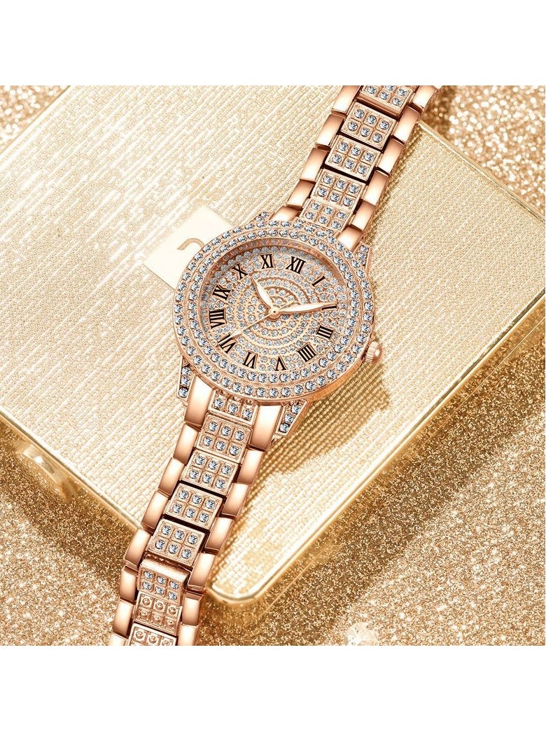 Generic New fashion trend diamond full diamond Roman pattern ladies watch bracelet rose gold  - Image 2
