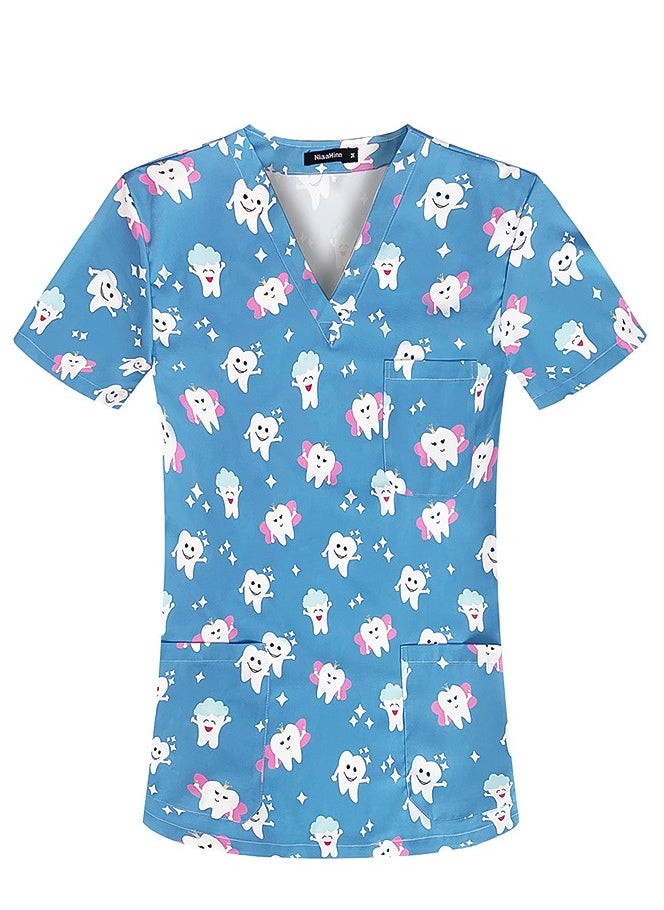 Loquat Unisex Printed V-Neck Medical Uniform Scrubs Top Comfty Soft Workwear  - Image 1