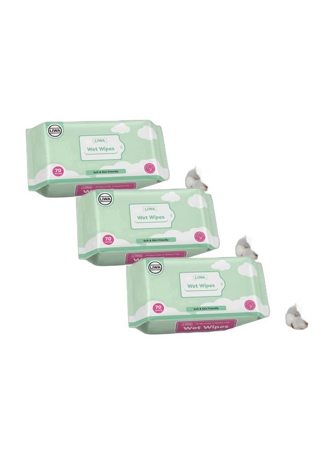 Liwa Soft & Skin Friendly Wet Wipes, pH Balanced & Alcohol-Free 70's (Green Pouch) Bundle - Image 1
