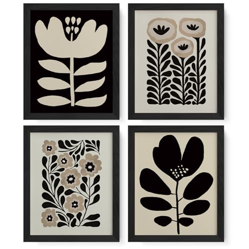 JXREQ Vinatge Boho Abstract Matisse Floral Wall Art Mid Century Modern Abstract Black and Beige Floral Wall Decor for Home Kitchen Bedroom Bathroom Living Room 8x10 Inch Unframed 4Pcs - Image 1