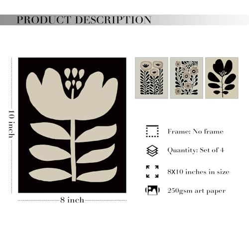 JXREQ Vinatge Boho Abstract Matisse Floral Wall Art Mid Century Modern Abstract Black and Beige Floral Wall Decor for Home Kitchen Bedroom Bathroom Living Room 8x10 Inch Unframed 4Pcs - Image 3