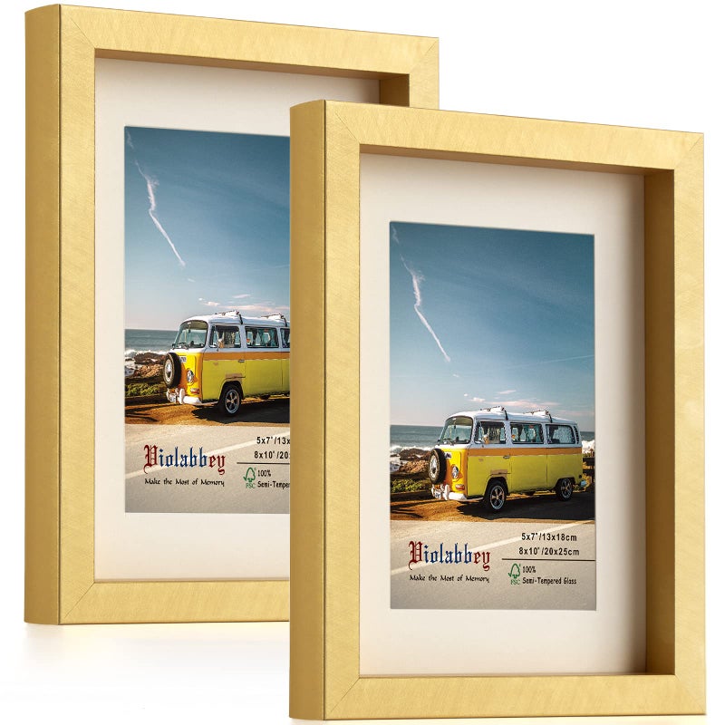 VIOLABBEY 8x10 Picture Frame Gold Set of 2 Photo Frame 5x7 with Mat or 8x10 without Mat Wall Mount or Table Top Semi Tempered Glass