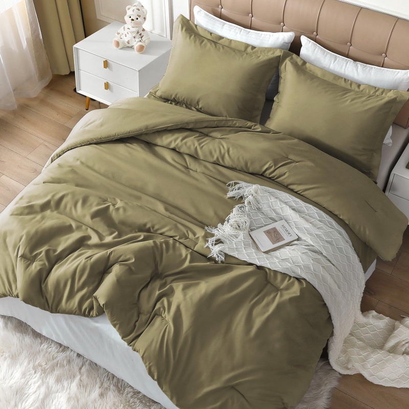 MUXHOMO 3 Pieces Queen Comforter Set Olive Green Comforter for Queen Size Bed Soft Warm Bedding Set for All Seasons 1 Comforter 88x88 and 2 Pillow Shams 20x30