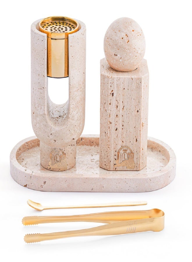 Layers Ofra Beige Travertine Mini Full Set – Natural Stone Incense Burner Holder with Oud Jar & Oval Tray - Image 2