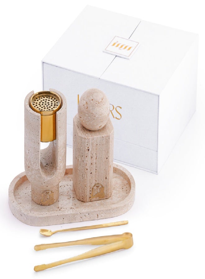 Layers Ofra Beige Travertine Mini Full Set – Natural Stone Incense Burner Holder with Oud Jar & Oval Tray - Image 1