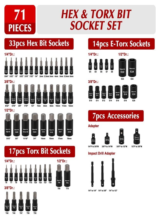 EMENTOL 71-Piece Torx Bit & Hex Bit Socket Set, Master SAE/Metric, 1/4", 3/8" and 1/2" Drive, S2 and CrV Steel, Includes E4-E24, Socket/Drill Adapter - Image 2