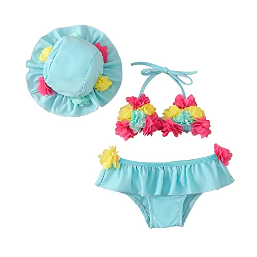 Yccutest Infant Baby Girl Flower Swimsuit 3Pcs Halter Triangle Tops Ruffle Bottoms Sun Hat Bikini Set Bathing Suit Swimwear (Blue,12-18 Months) - Image 1