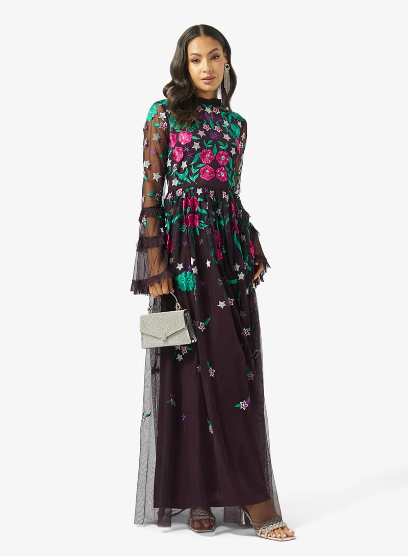 Frock and Frill  Embellished Frilled Sleeve Maxi Dress for Women | Best Price UAE