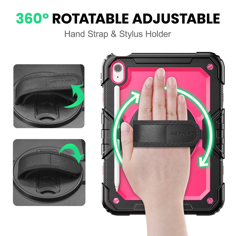 SEYMAC Case for iPad (A16) 11th/10th Generation 2025/2022 (11â€³/10.9â€³), Sturdy Heavy Duty Full-Body Shockproof Protective Case with Screen Protector, Rotating Stand, Hand/Shoulder Strap, Pink - Image 3