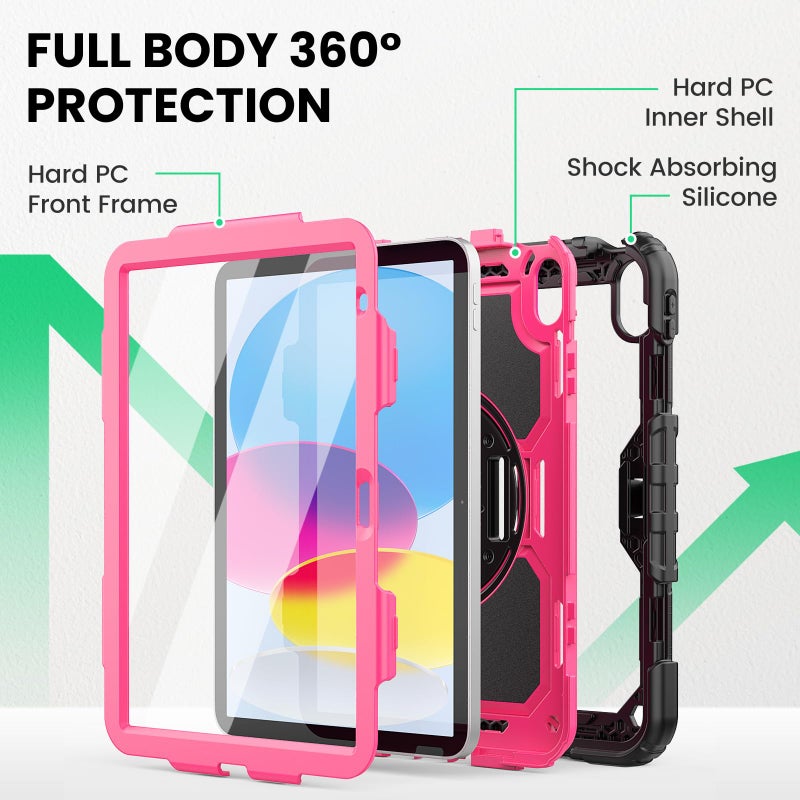 SEYMAC Case for iPad (A16) 11th/10th Generation 2025/2022 (11â€³/10.9â€³), Sturdy Heavy Duty Full-Body Shockproof Protective Case with Screen Protector, Rotating Stand, Hand/Shoulder Strap, Pink - Image 5