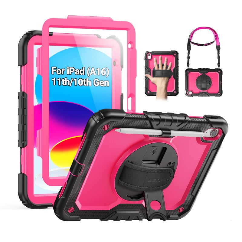 SEYMAC Case for iPad (A16) 11th/10th Generation 2025/2022 (11â€³/10.9â€³), Sturdy Heavy Duty Full-Body Shockproof Protective Case with Screen Protector, Rotating Stand, Hand/Shoulder Strap, Pink - Image 1