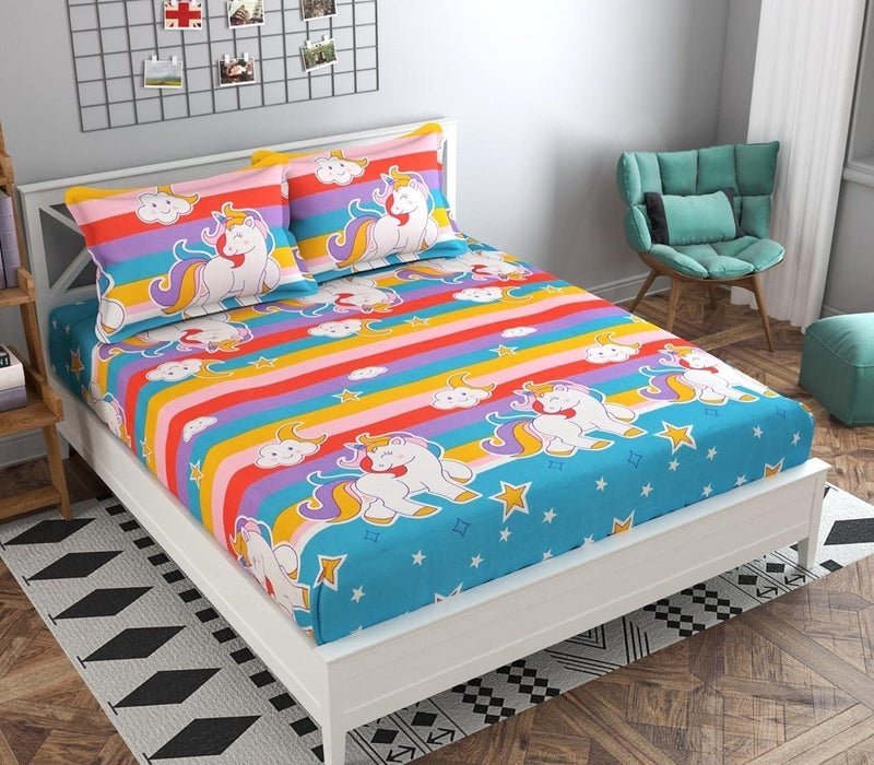 Fresh from Loom Glace Cotton Wrinkle Free Soft Hypoallergenic Bed Sheet,Cartoon Printed Double Bedsheets King Size for Kids with 2 Pillow Cover(90x95 Inches/Unicorn/Boys Girls Room),Multicolor,144 TC - Image 1