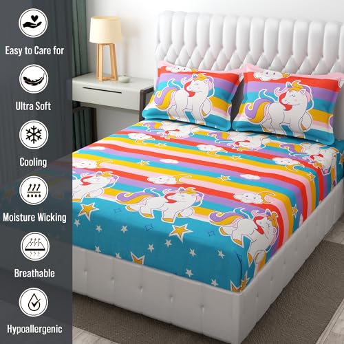 Fresh from Loom Glace Cotton Wrinkle Free Soft Hypoallergenic Bed Sheet,Cartoon Printed Double Bedsheets King Size for Kids with 2 Pillow Cover(90x95 Inches/Unicorn/Boys Girls Room),Multicolor,144 TC - Image 4