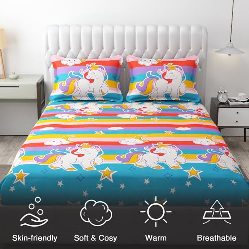 Fresh from Loom Glace Cotton Wrinkle Free Soft Hypoallergenic Bed Sheet,Cartoon Printed Double Bedsheets King Size for Kids with 2 Pillow Cover(90x95 Inches/Unicorn/Boys Girls Room),Multicolor,144 TC - Image 5