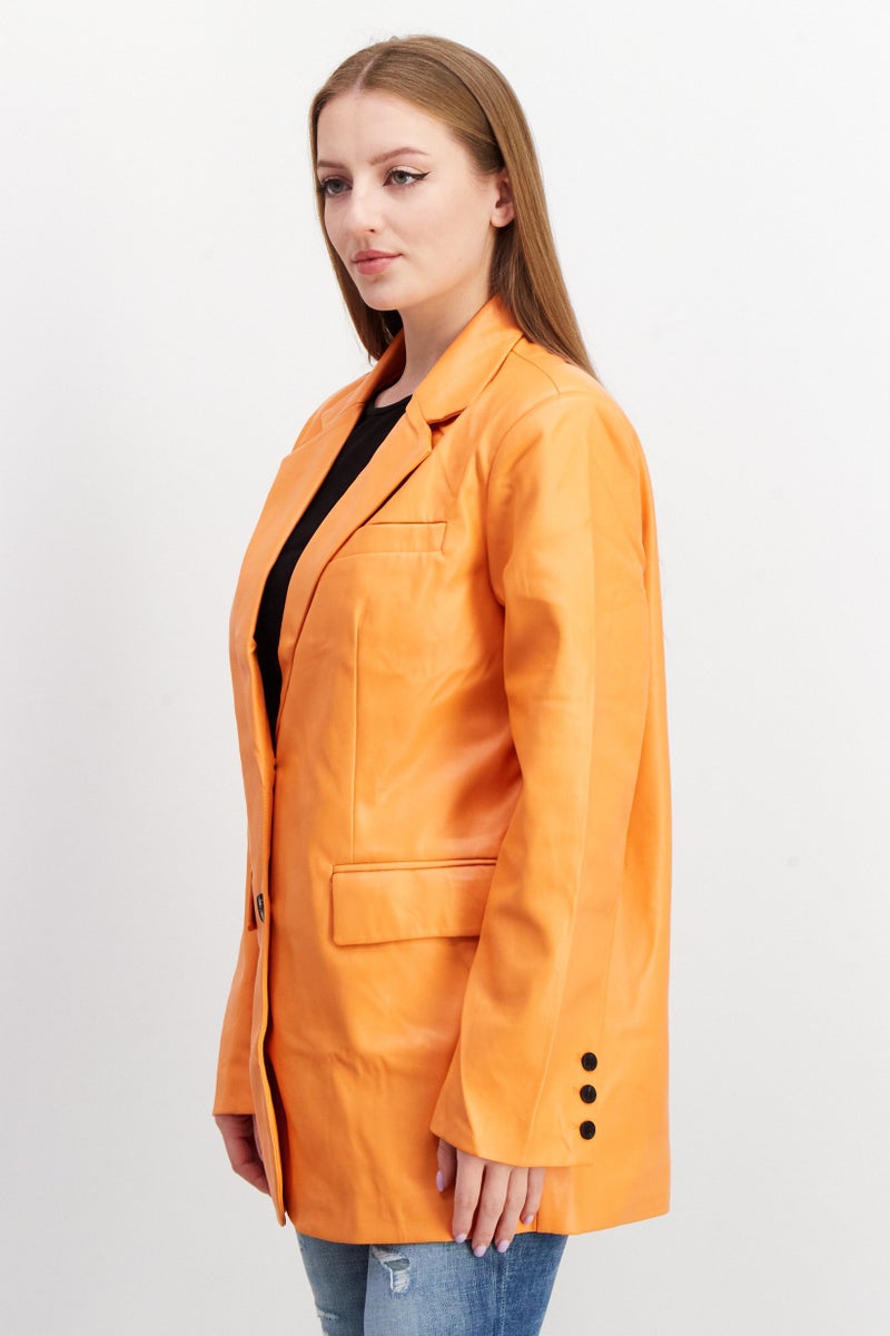 NA-KD Women Regular Fit Solid Casual Blazer, Orange - Image 3