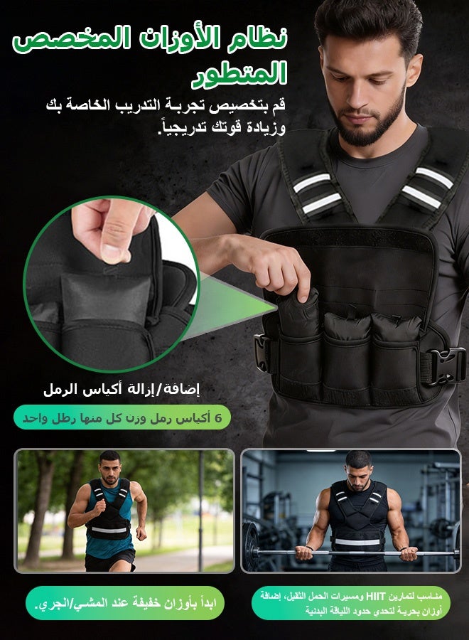 سترة أثقال قابلة للتعديل للرجال والنساء، سترة رياضية بوزن 6-12 رطل مع 6 أوزان حديدية، سترة أثقال مزودة بشريط عاكس ومساحة تخزين للجري وتمارين القوة والمشي والركض والتمارين الرياضية المنزلية وتمارين الكارديو وبناء العضلات وفقدان الوزن، أسود - Image 5