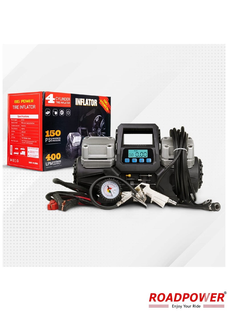 RoadPower 4 Cylinder Car Air Compressor Ultra Extreme 4x4 Tire Super Air Flow Portable 150 PSI 400 LPM 12V Tire Inflator For Car Truck Bicycle Football And Other Inflatables With Carry Bag  - Image 1