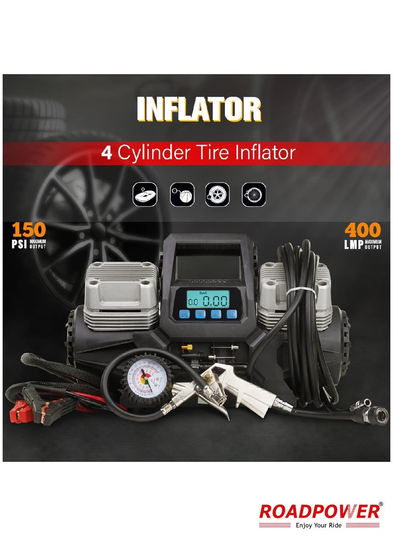 RoadPower 4 Cylinder Car Air Compressor Ultra Extreme 4x4 Tire Super Air Flow Portable 150 PSI 400 LPM 12V Tire Inflator For Car Truck Bicycle Football And Other Inflatables With Carry Bag  - Image 2