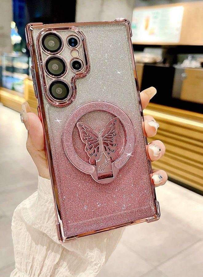 for Samsung S25 Ultra Case，Full Camera Lens Protector，Sparkly Magnetic ，Butterfly Stand，Glitter Bling Gradient Samsung S25 Ultra Cover，Elegant Shockproof Phone Case for Women Girls，Pink - Image 1