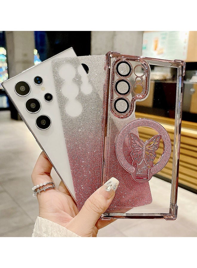 for Samsung S25 Ultra Case，Full Camera Lens Protector，Sparkly Magnetic ，Butterfly Stand，Glitter Bling Gradient Samsung S25 Ultra Cover，Elegant Shockproof Phone Case for Women Girls，Pink - Image 2