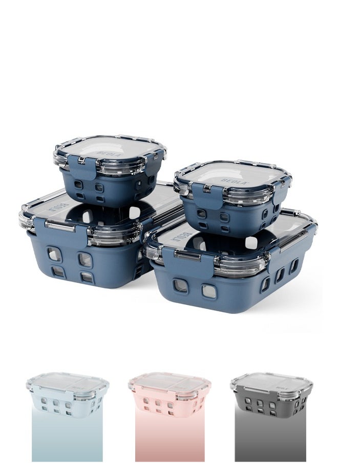 BEOLA Set of 4 Glass Food Storage Containers with Airtight Lids and Silicone Protection, Leakproof Food Organizer, Freezer, Dishwasher, Microwave Safe, Kitchen Organizer, BPA FREE (Marine Blue)  - Image 1