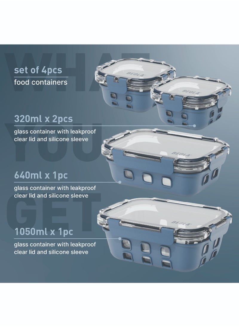 BEOLA Set of 4 Glass Food Storage Containers with Airtight Lids and Silicone Protection, Leakproof Food Organizer, Freezer, Dishwasher, Microwave Safe, Kitchen Organizer, BPA FREE (Marine Blue)  - Image 2