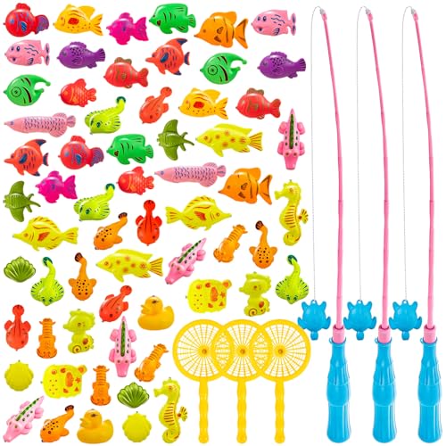 LHSYFBZ 62Pcs Magnetic Fishing Game for Kids Bathtub Kiddie Party Toy Plastic Floating Fish with Pole Rod Net Bath Toys for Kids Ages 48 - Image 1